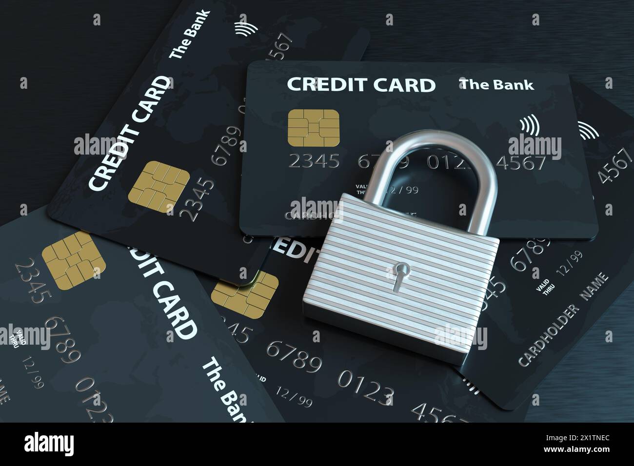 Silbernes Vorhängeschloss auf einem Haufen verstreuter Kreditkarten. Illustration des Konzepts der digitalen Sicherheit von Online-Transaktionen und elektronischem Handel Stockfoto