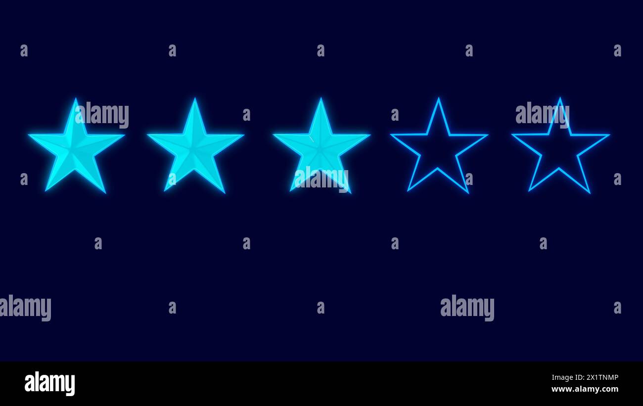 3 Sterne auf dunkelblauem Hintergrund. Modernes Drahtrahmendesign mit 8 Killustrationen. Stockfoto