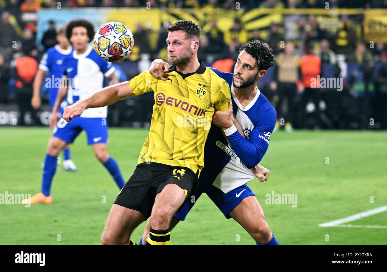 Champions League, Viertelfinale, Signal Iduna Park Dortmund: Borussia Dortmund gegen Atletico Madrid; Niclas Füllkrug (BVB), Mario Hermoso (ATM) Stockfoto