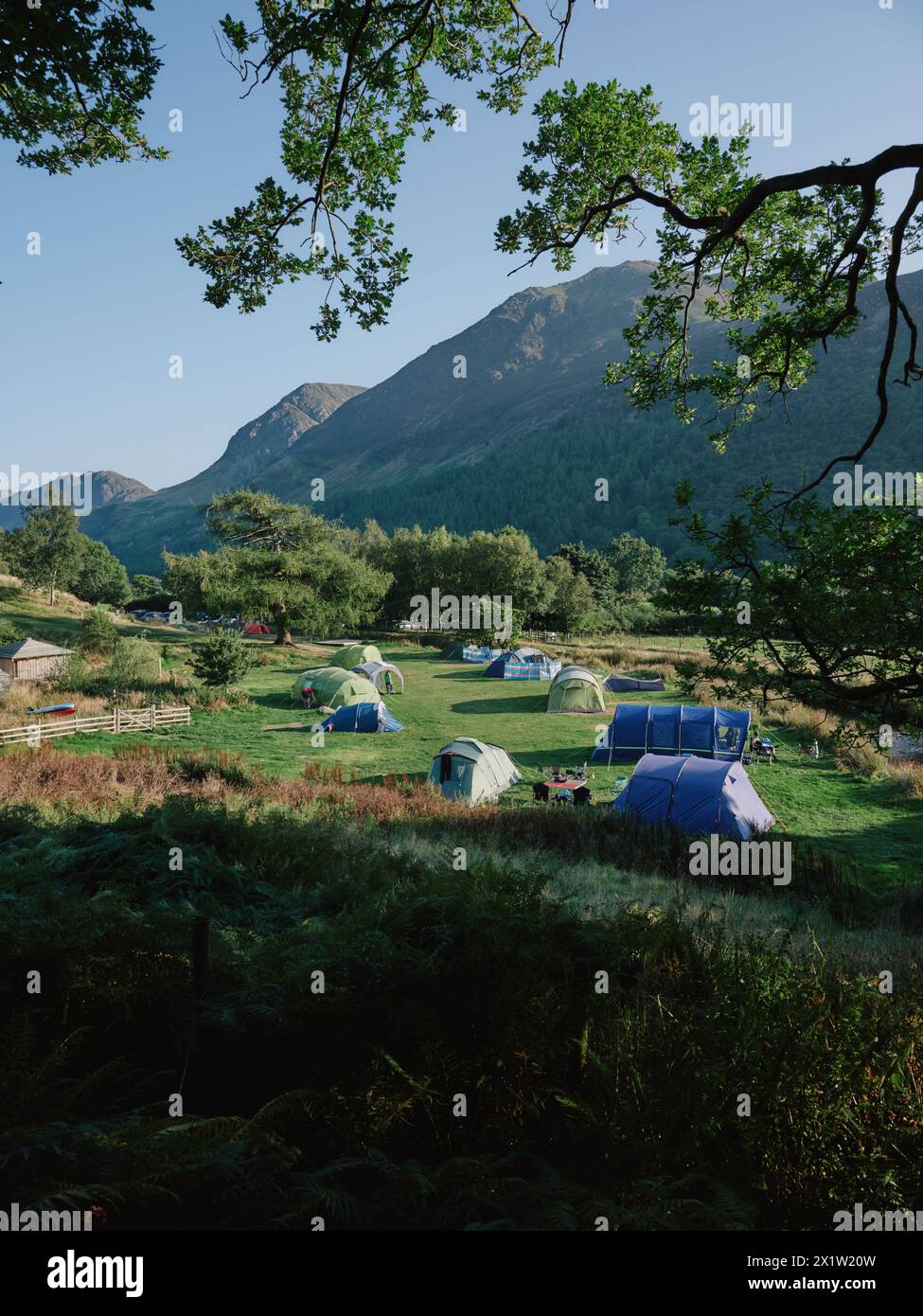 Syke Farm Campingplatz und Landschaft an einem Sommerabend in Buttermere, Lake District, Cumbria, England, Großbritannien - Campingzelte Urlaub Stockfoto