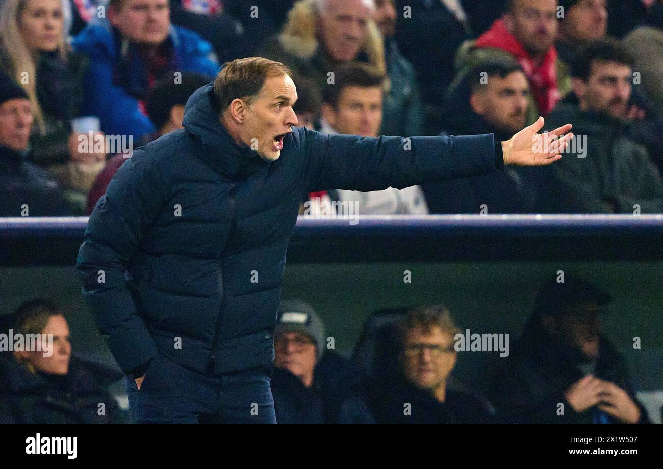 München, 17. April 2024. Trainer Thomas Tuchel (FCB), Teammanager, Headcoach, Trainer, im Viertelfinalspiel FC BAYERN MÜNCHEN - FC ARSENAL LONDON 1-0 der Fußball UEFA Champions League in der Saison 2023/2024 in München, 17. April 2024. Viertelfinale, FCB, München © Peter Schatz / Alamy Live News Stockfoto