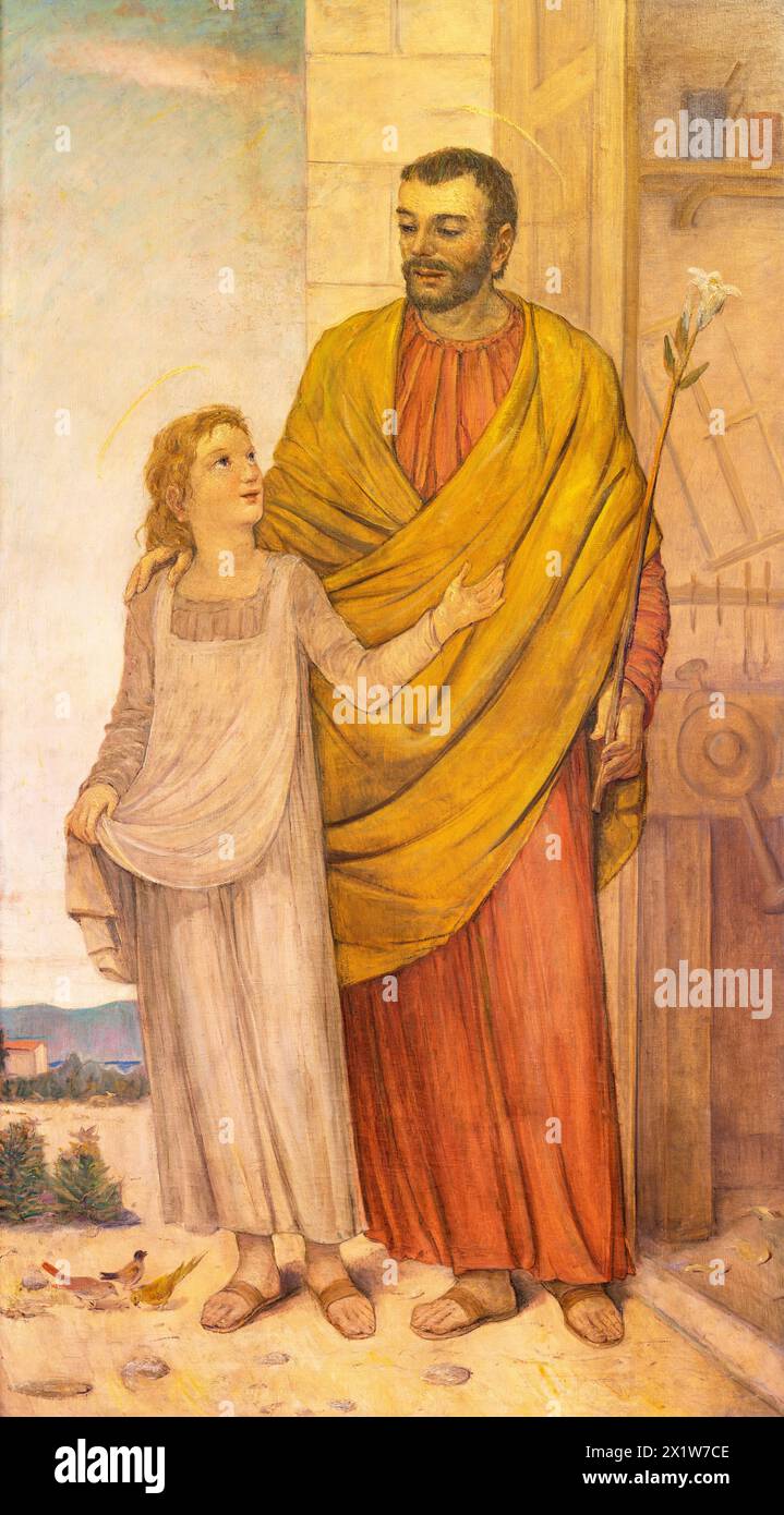 MAILAND, ITALIEN - 8. MÄRZ 2024: Das Gemälde von St. Joseph in der Kirche Chiesa di Santi Quattro Evangelisti von Giovanni Luigi Rossi (1956). Stockfoto