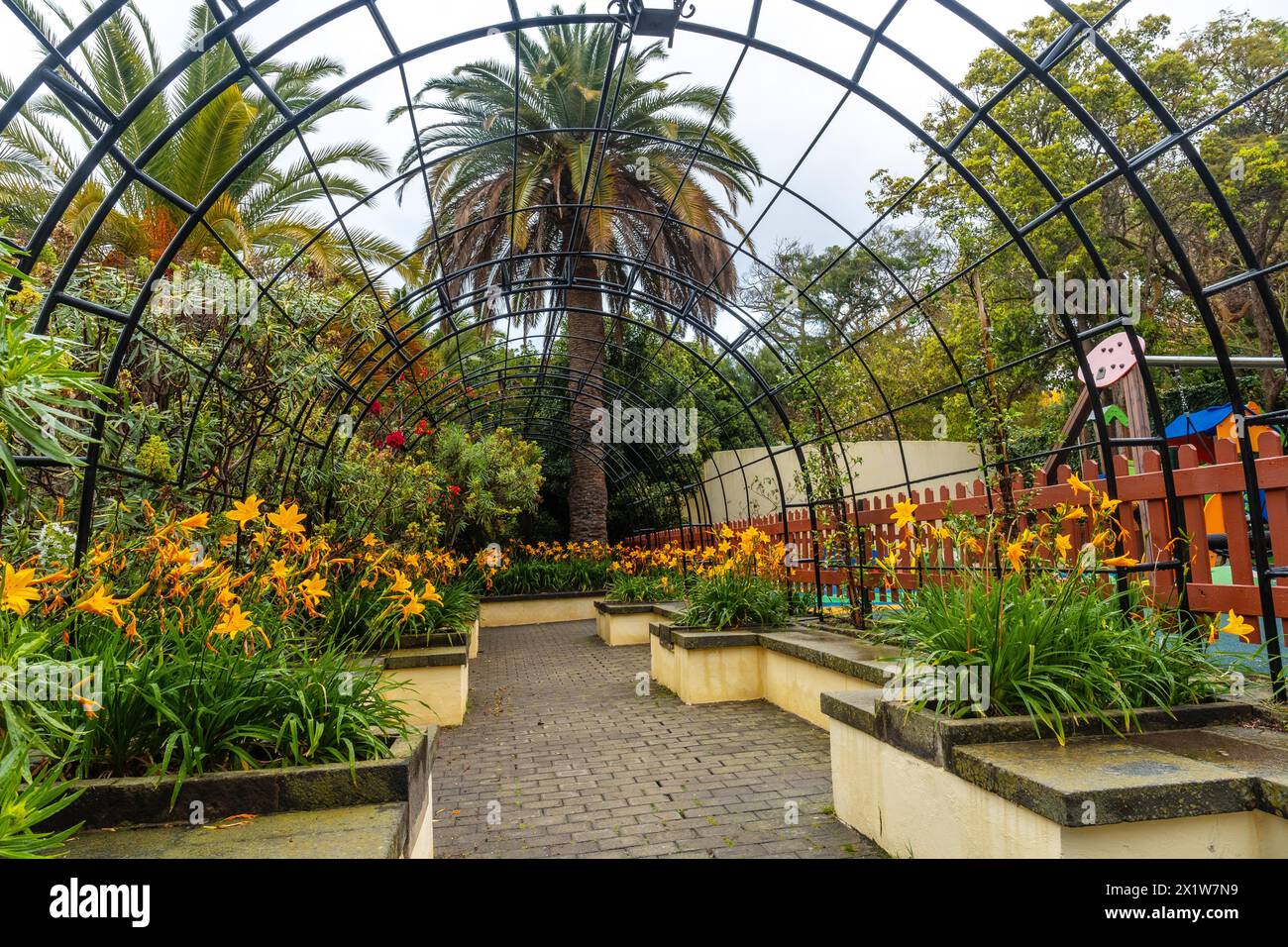 Schöner Weg in einem botanischen Garten, nachhaltiges Tourismuskonzept in Arucas, Gran Canaria. Spanien Stockfoto