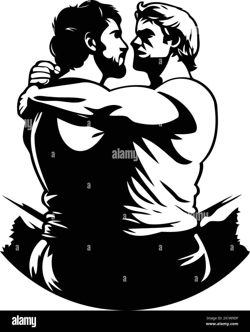 Zwei Männer umarmen sich gegenseitig. Vektor-Illustration eines liebevollen Paares. Stock Vektor