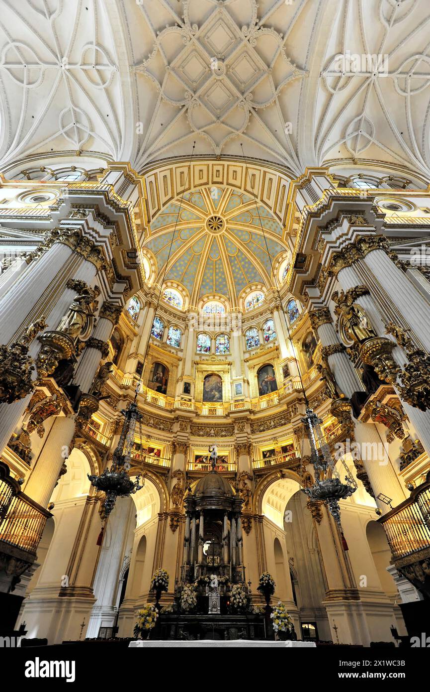 Santa Maria de la Encarnacion, Kathedrale von Granada, Innenansicht einer reich verzierten Kirchenkuppel mit goldfarbenen Elementen, Granada Stockfoto