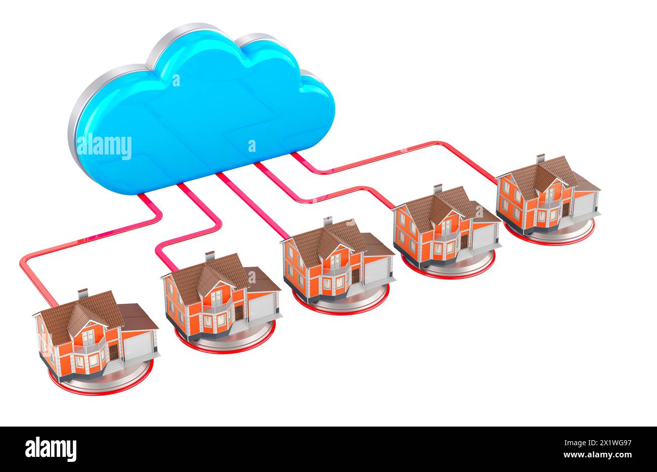 Computer-Cloud mit Häusern. Internetanschlusskonzept. 3D-Rendering isoliert auf weißem Hintergrund Stockfoto