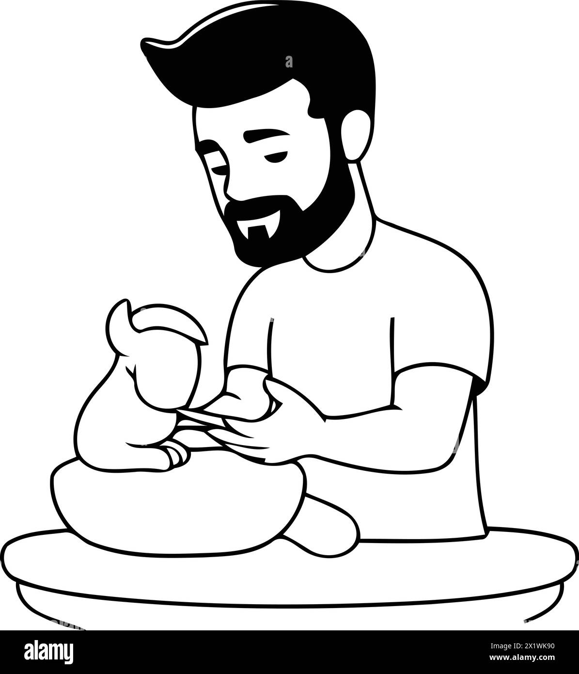 Ein hübscher Mann mit Bart in einem weißen T-Shirt malt eine Keramikkatze. Vektorabbildung. Stock Vektor