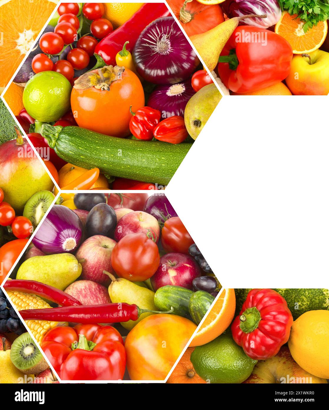 Gesunde Gemüse- und Fruchtkost - Collage. Es ist freier Platz für Text vorhanden. Stockfoto