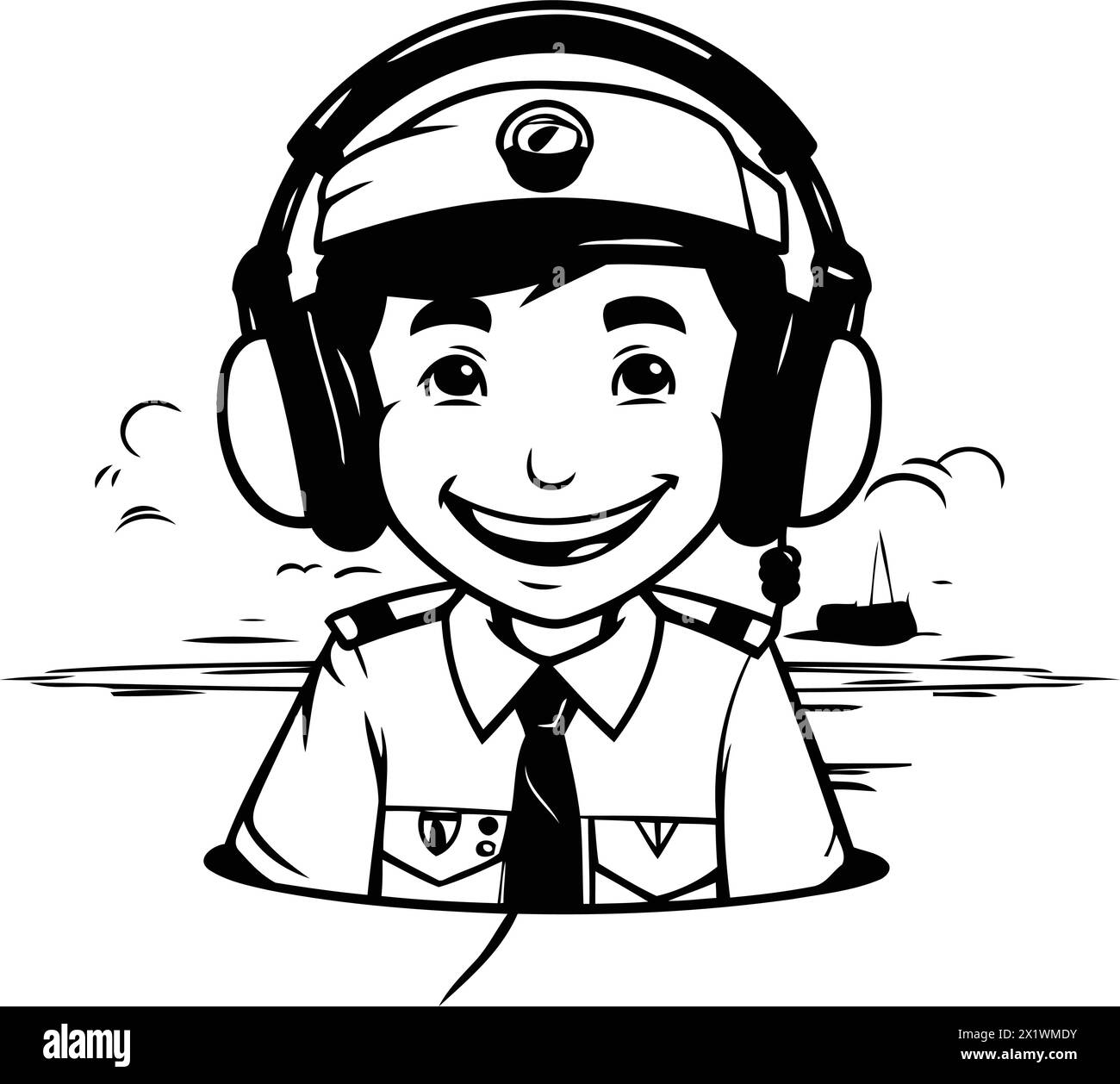 Lächelnder Junge in einer Pilotenmütze mit Kopfhörern. Vektorabbildung. Stock Vektor
