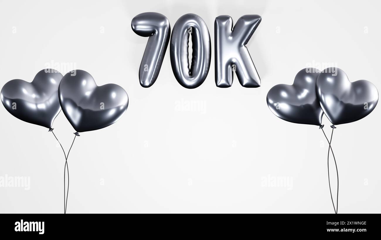 70k, 70000 Follower, Abonnenten, mag Feiertagshintergrund mit herzförmigen Heliumluftballons und Ballontexten auf weißem Hintergrund 8k. Stockfoto