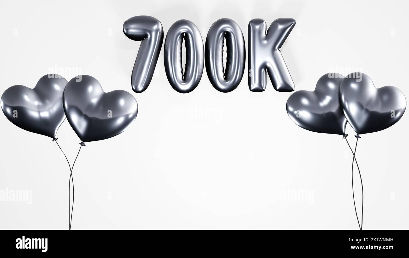 700k, 700000 Follower, Abonnenten, mag Feiertagshintergrund mit herzförmigen Heliumluftballons und Ballontexten auf weißem Hintergrund 8k. Stockfoto