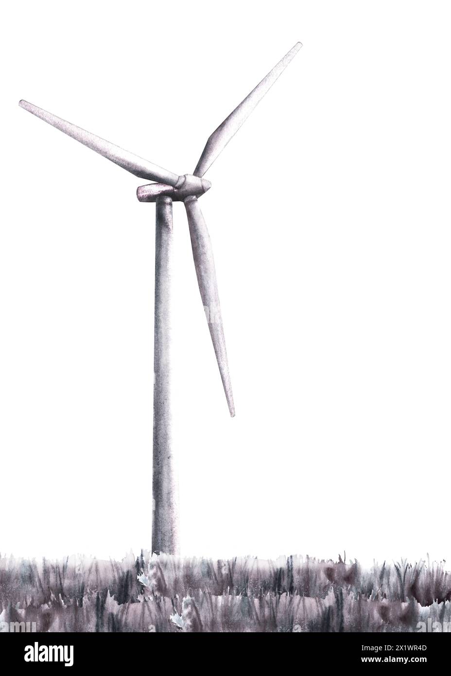 Einfarbige Landschaft mit Windmühle, Windturbine auf Grasfeld. Handgezeichnete Aquarellillustration, Öko Clipart, ökologische alternative Energie Stockfoto
