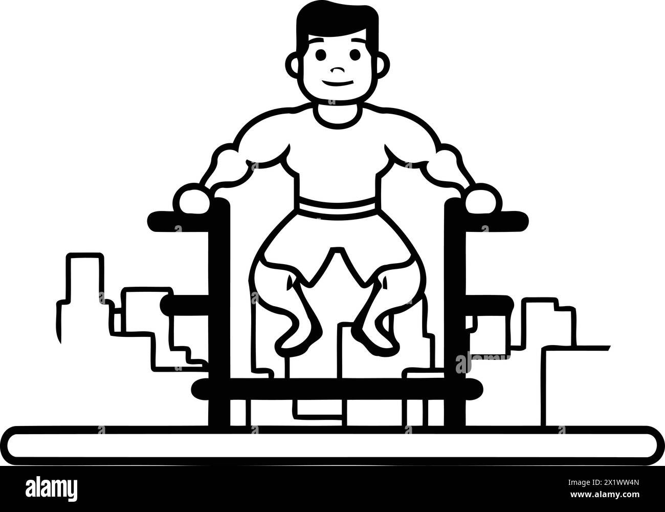 Fitness-Mann macht Übungen auf Crossfit-Maschine. Illustration des flachen Vektors. Stock Vektor