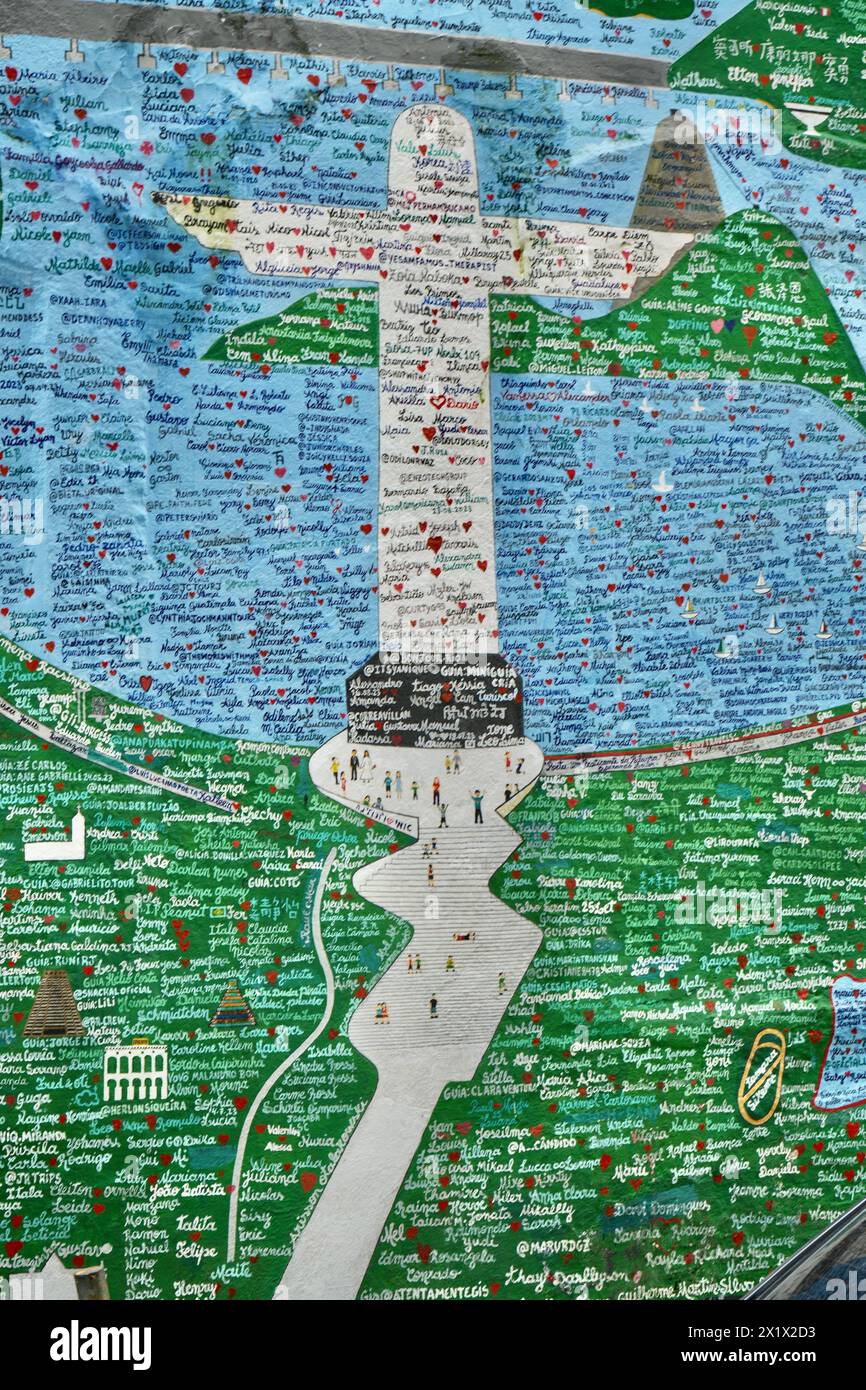 Helle und farbenfrohe Straßenkunst von Christus dem Erlöser in Lapa in der Nähe der Selaron Treppe. Stockfoto