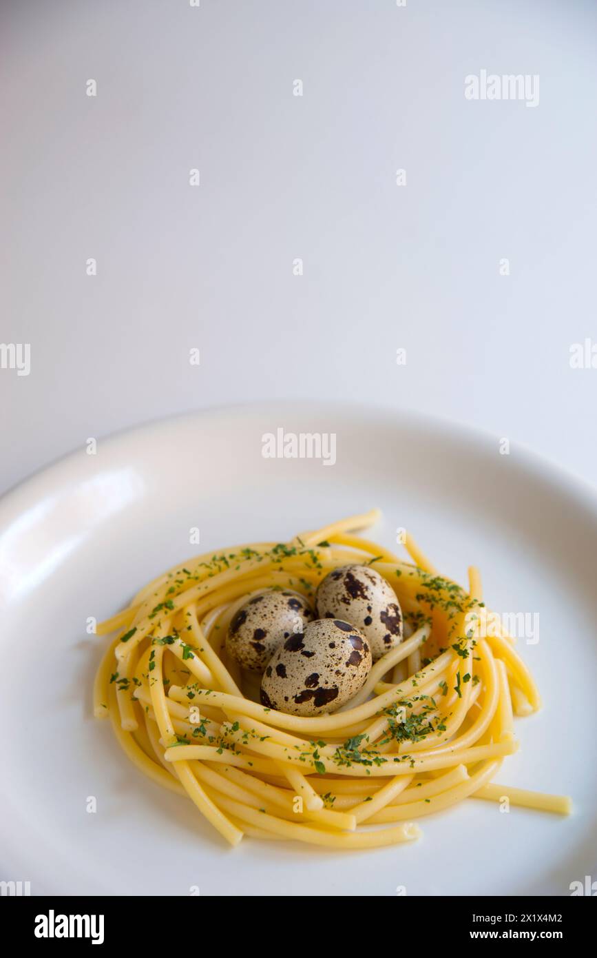 Drei Wachteleier in einem Nest aus Spaghetti. Stockfoto