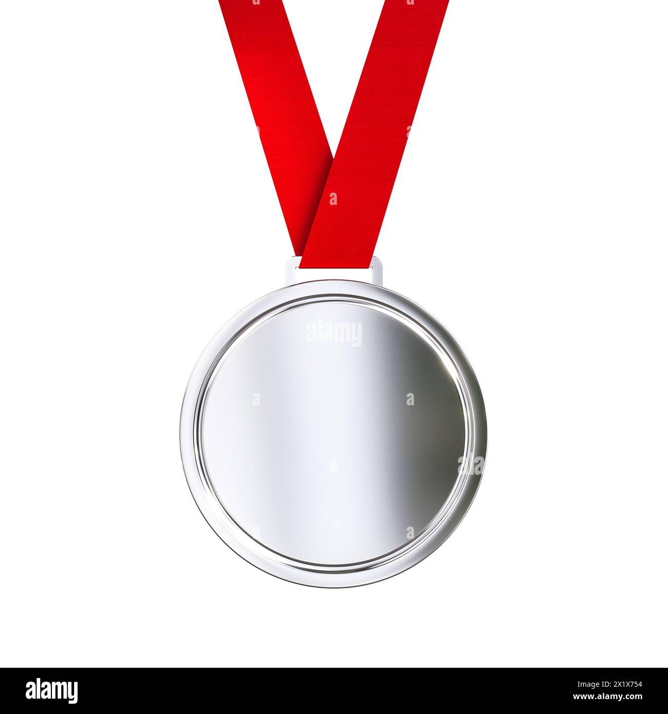 Leere Silbermedaille mit rotem Band isoliert auf weiß Stockfoto