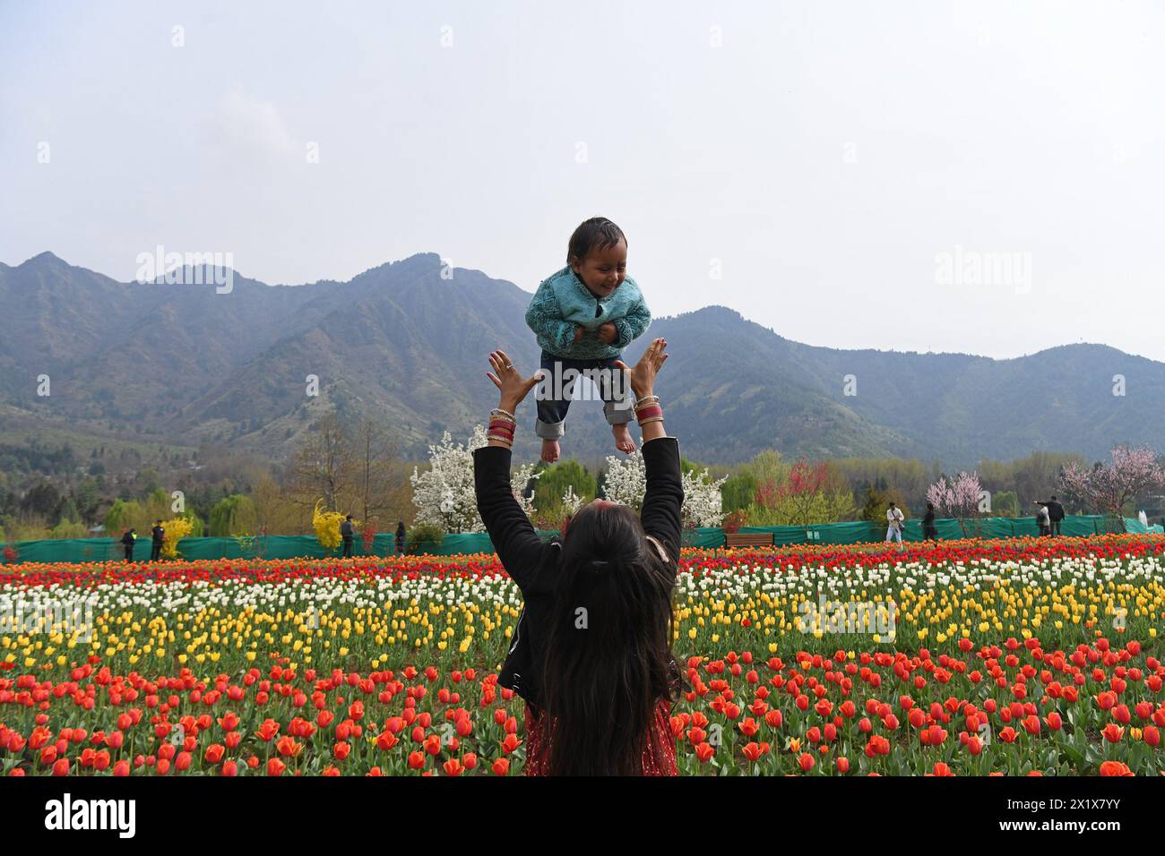 Eine Frau spielt mit ihrem Baby vor dem Tulpengarten in Srinagar, bekannt als Siraj Bagh, am Ufer des berühmten Dal-Sees. Stockfoto