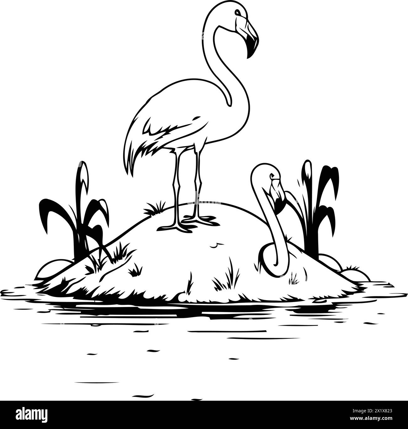 Flamingo auf einer Insel im Meer. Vektorabbildung. Stock Vektor