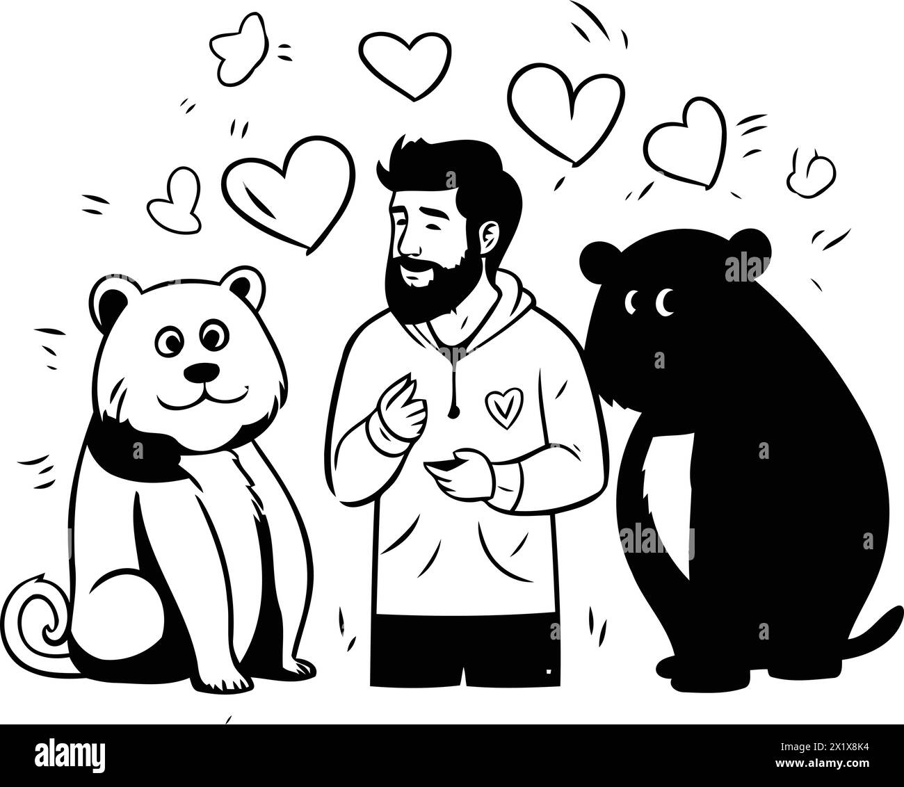 Vektor-Cartoon-Illustration eines Mannes mit Bart. Einen Teddybären und einen Braunbären halten. Stock Vektor