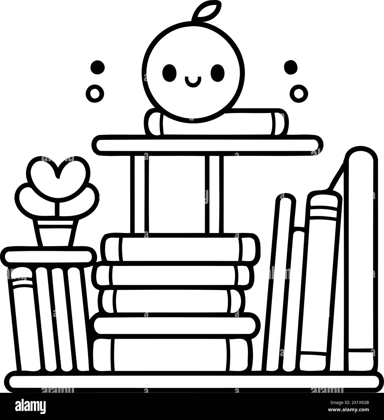 Lustiges Bücherregal mit Büchern und Apfelsymbol. Vektorabbildung. Stock Vektor