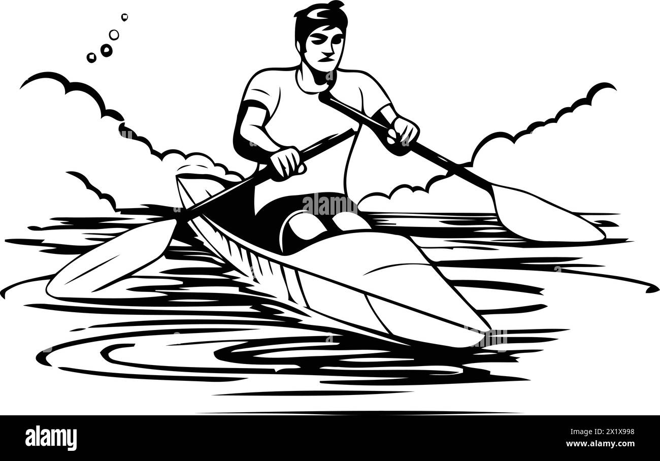 Mann rudert auf einem Kajak im Meer. Vektorabbildung. Stock Vektor