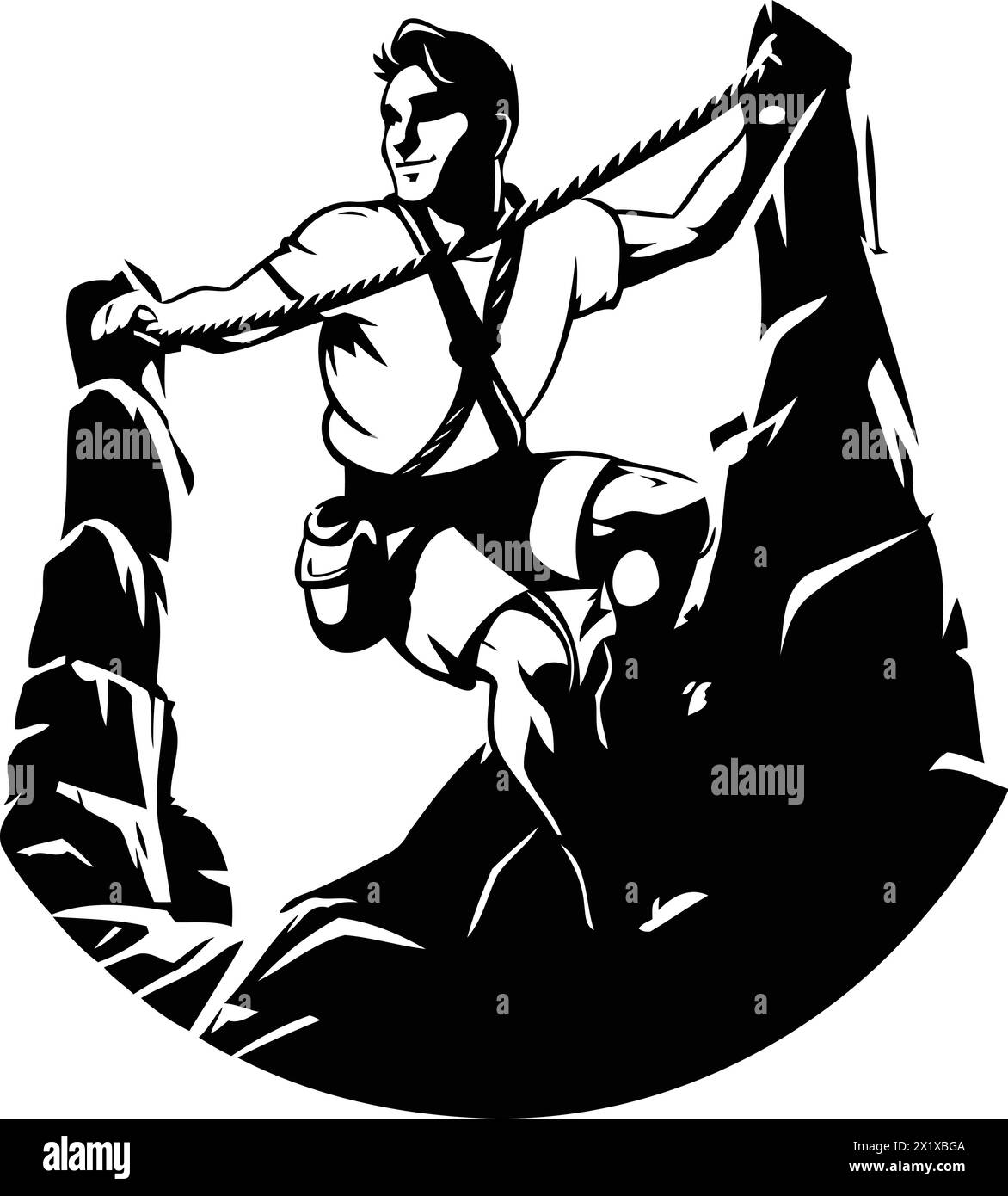 Vektor-Illustration eines jungen Mannes, der den Berg mit einem Seil hochklettert Stock Vektor