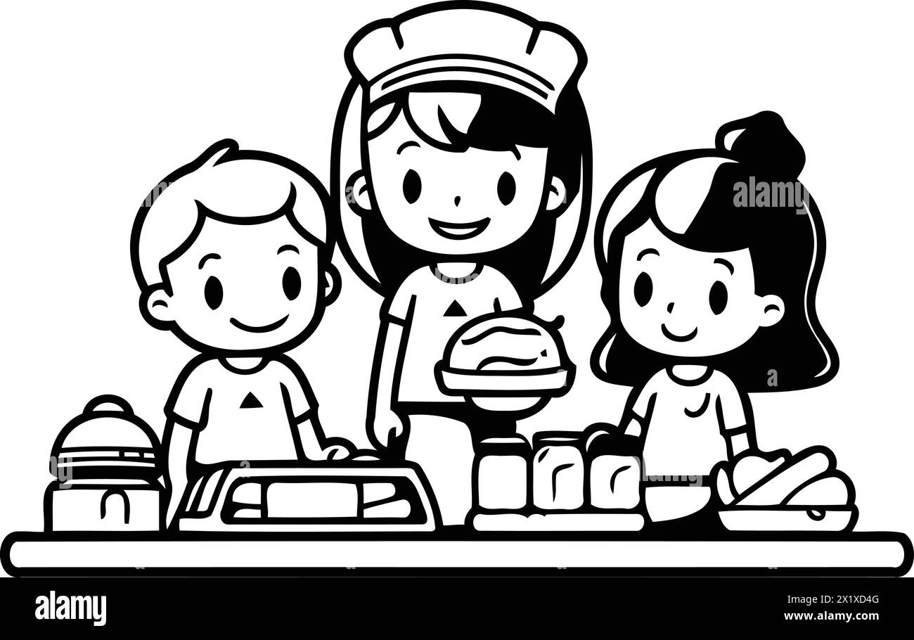 Niedliche Comic-Familie, die zusammen in der Küche kocht. Vektorabbildung. Stock Vektor