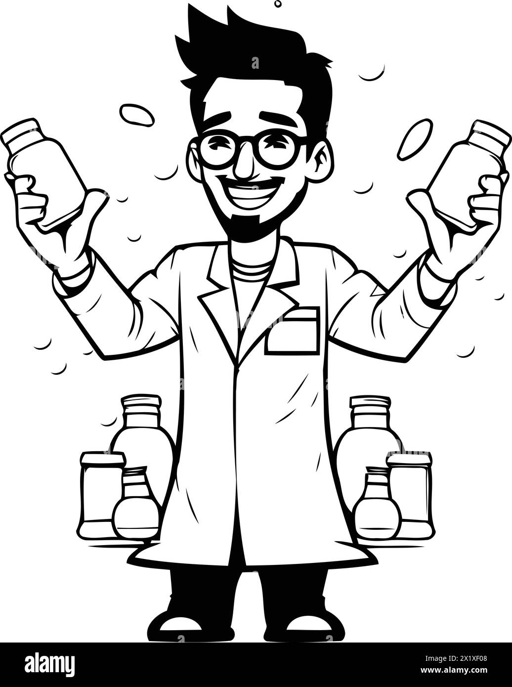 Cartoonarzt mit Arzneiflaschen. Vektorillustration im Cartoon-Stil. Stock Vektor