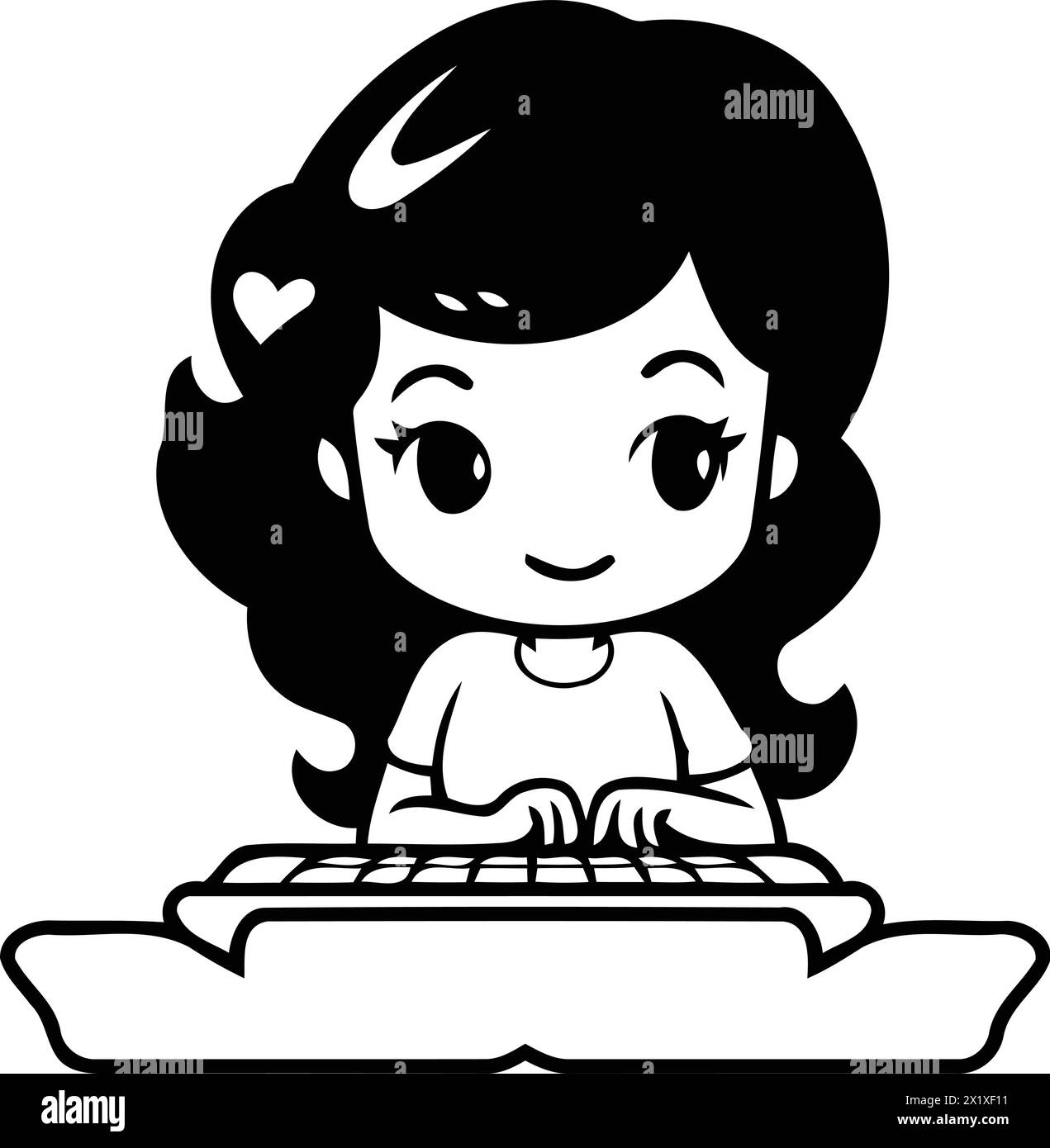 Niedliches kleines Mädchen, das auf einer Tastatur tippt. Vektor-Zeichentrick-Illustration. Stock Vektor