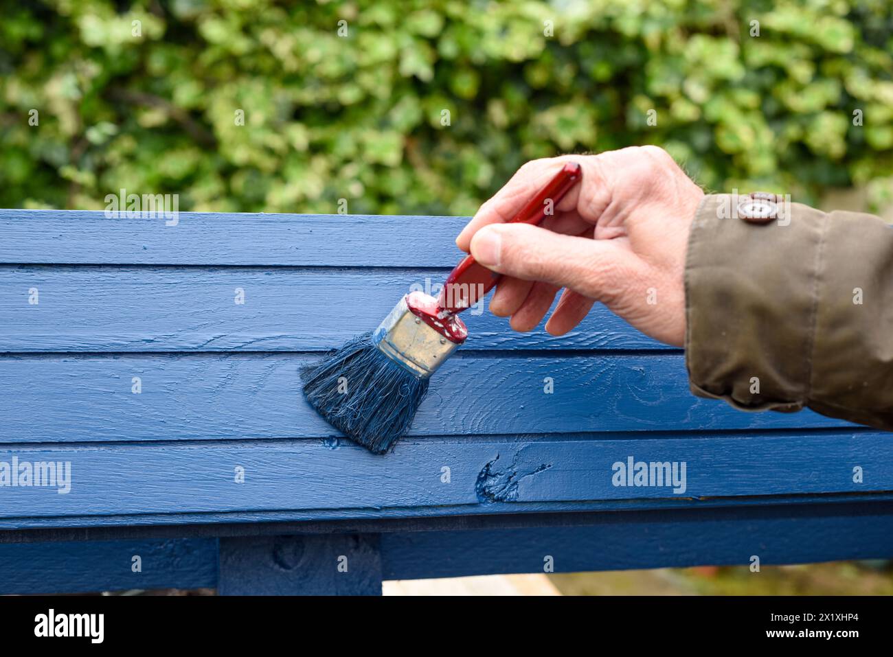 Männliche Hand mit einem Pinsel auf eine Holzplatte malen Stockfoto