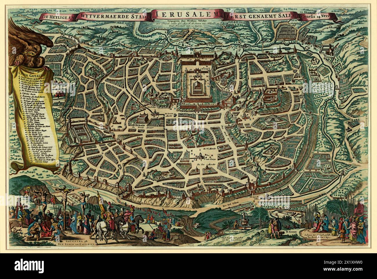 Die heilige und erweiterte Stadt Jerusalem, zuerst bekannt als Salem von Visscher, Claes Jansz im Jahr 1756 Nachdruck ( ursprünglich 1643 ) Stockfoto