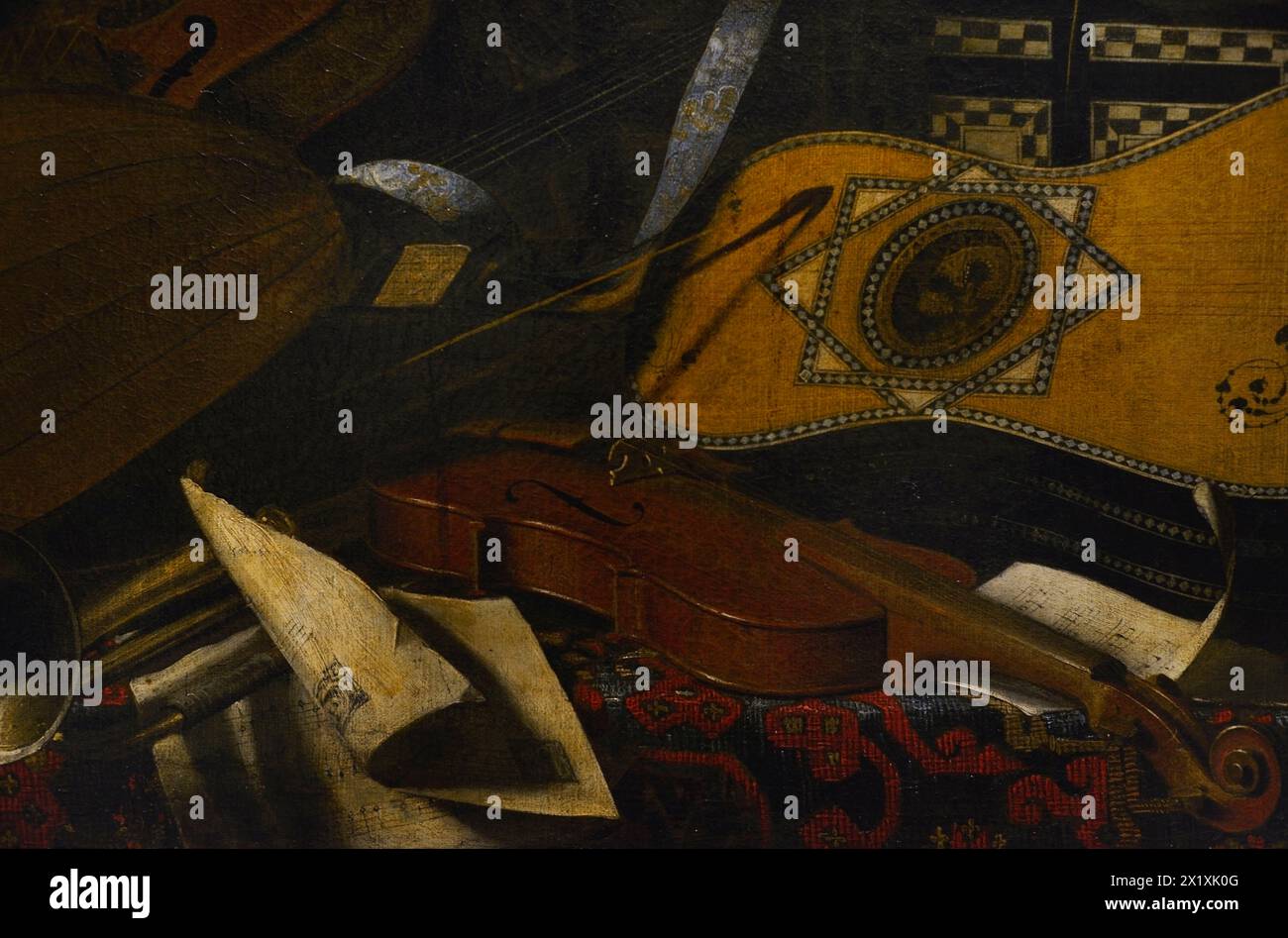 Bartolomeo Bettera (1639-1688). Italienischer Maler. Stillleben mit Musikinstrumenten. Öl auf Leinwand. Details. Ala Ponzone Civic Museum. Cremona. Italien. Stockfoto