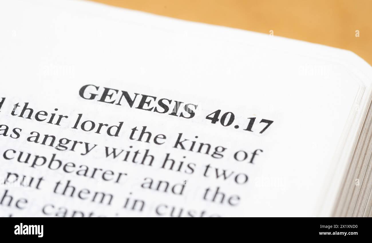Eine Nahansicht, die den Text von Genesis 40 auf einer Seite in einer offenen Bibel feststellt, Nahaufnahme, alte Testamentbücher. Heilige Bibel christlich-katholische Religi Stockfoto