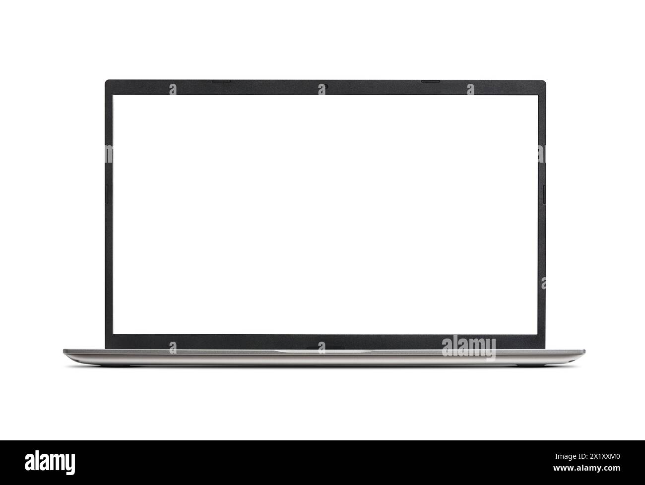 Modell eines modernen Laptops mit weißem leeren Bildschirm auf weißem Hintergrund Stock Foto. Stockfoto