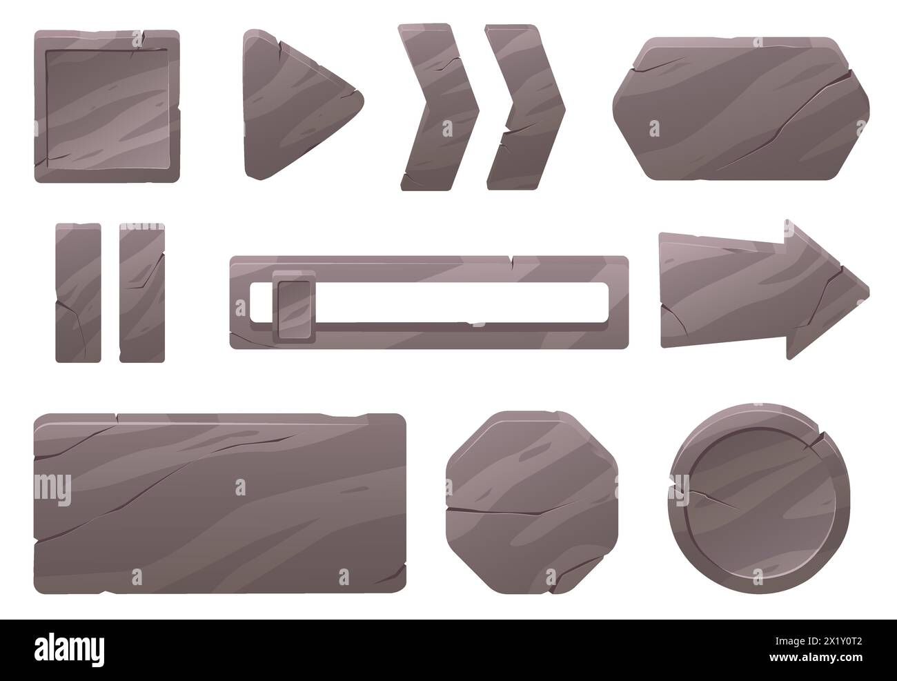 Schaltflächen im Menü „Stein“. GUI-Designelemente. Natürliche, felsige Oberflächenrahmen. Bretter mit Rissen. Objekte für Spiel- oder Sitenavigation. Risse Stock Vektor