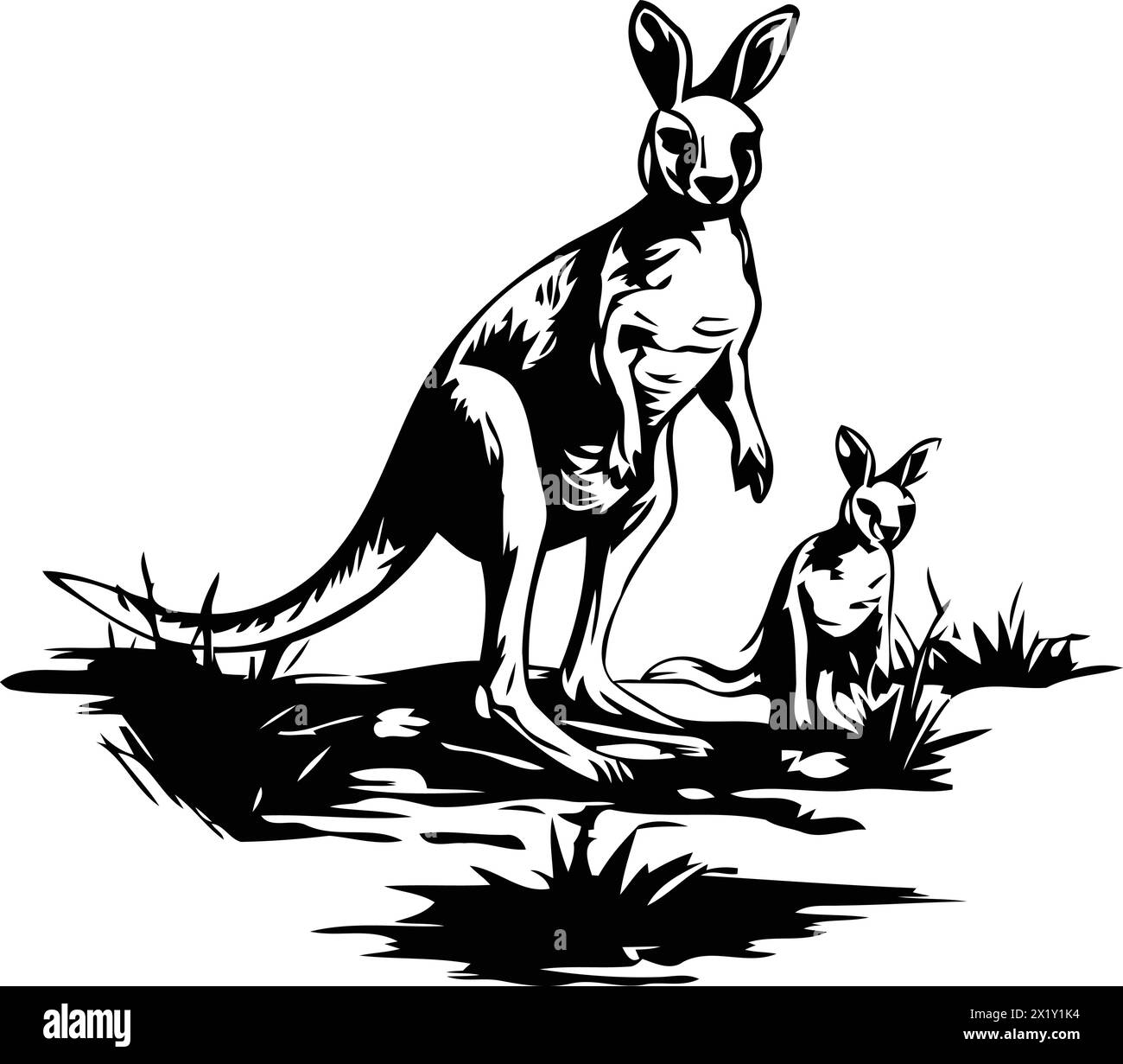 Känguru und joey auf Sonnenuntergang Hintergrund. Handgezeichnete Vektorgrafik. Stock Vektor