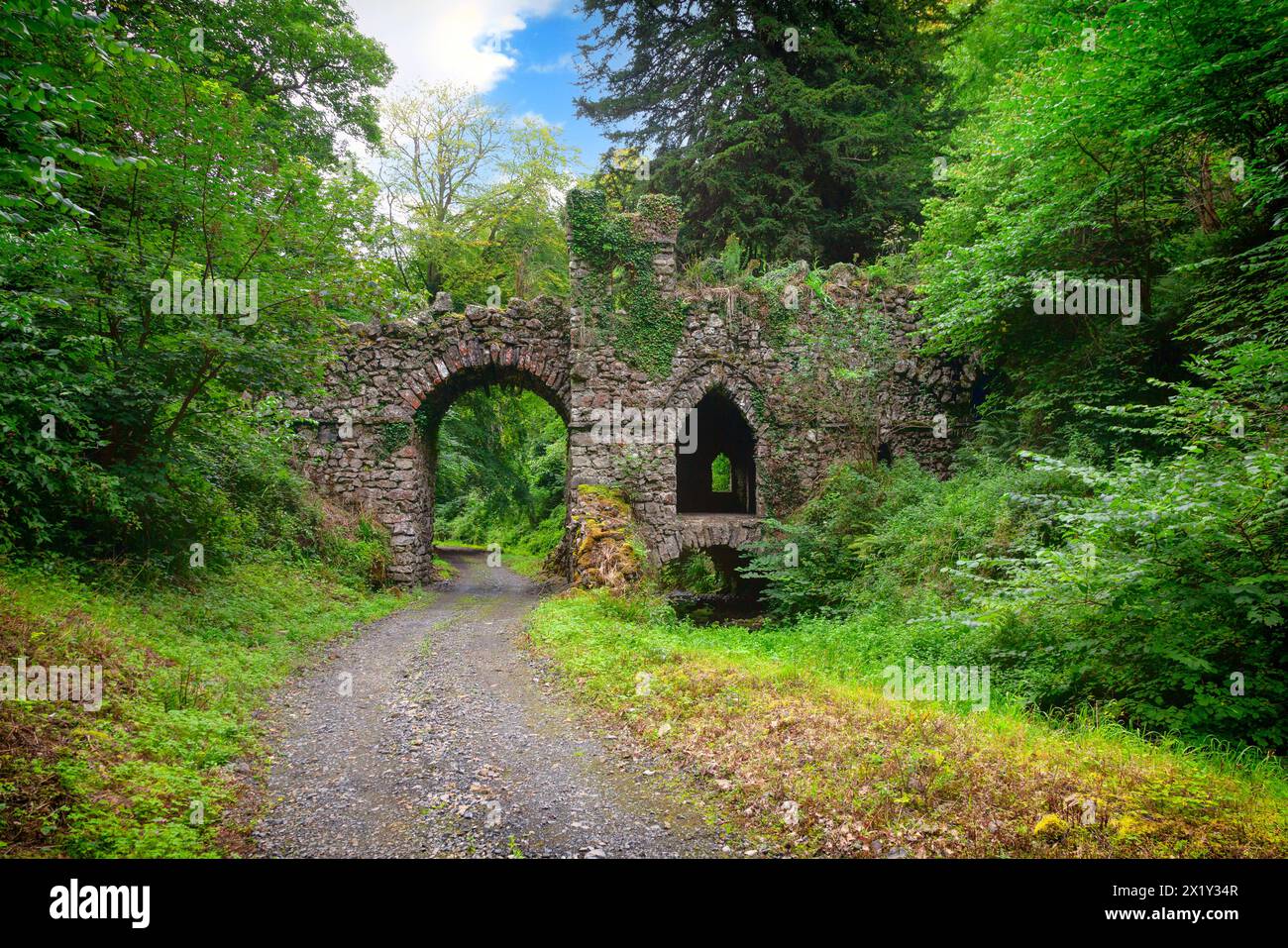 Bewaldete Strecke unterhalb des rustikalen Bogens aus dem 18. Jahrhundert und Eremitage Folly auf dem Gelände von Luttrellstown Castle im County Dublin, Irland. Stockfoto