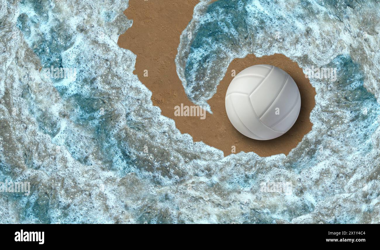 Beachvolleyball als Ball an einem Sandstrand mit einer kühlen Meereswelle oder Ozeanwasser als Sommersport-Spaß-Aktivitätssymbol als Outdoor-Spiel. Stockfoto