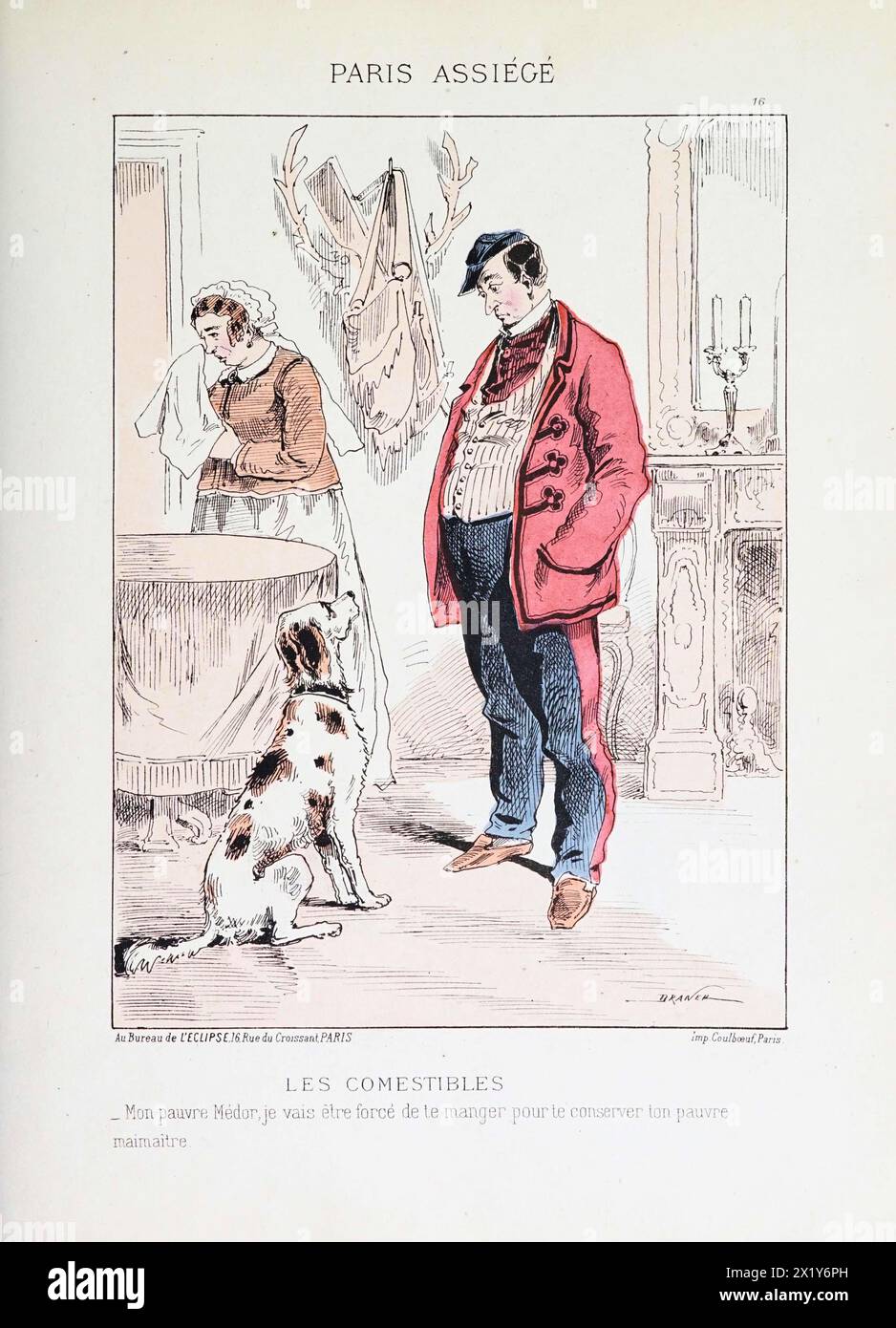 Vintage-Kunstleben in Paris während der Belagerung von 1870 bis 1871. Französische Illustrationstafel von Draner, die die Realität in der Stadt darstellt, während sie am Ende des Deutsch-Französischen Krieges von deutschen Truppen umgeben war. Stockfoto