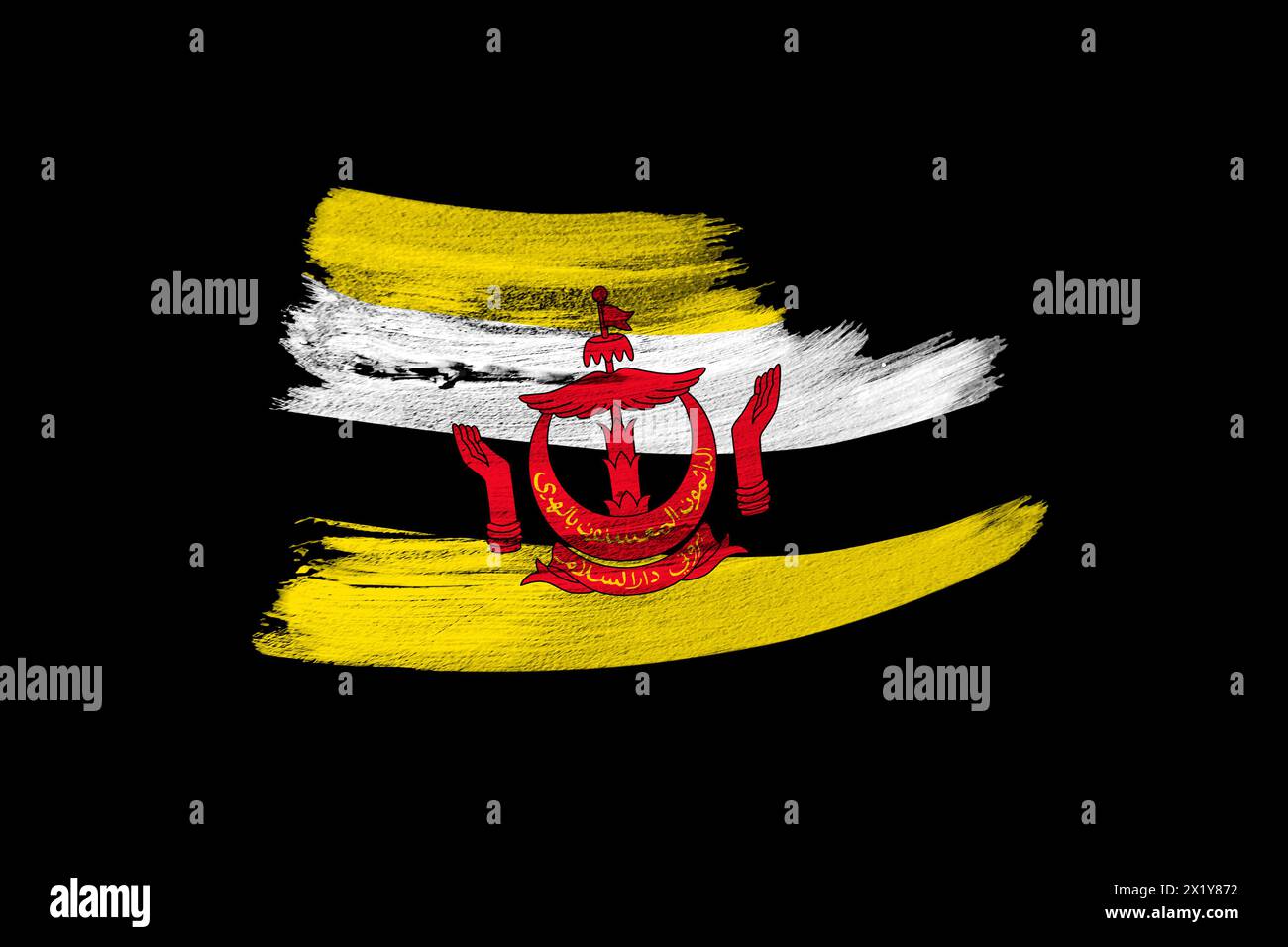 Kreative nationale Grunge-Flagge, Pinselstrich Brunei Darussalam-Flagge auf schwarzem isoliertem Hintergrund, Konzept von Politik, globalem Geschäft, internationalem Co Stockfoto