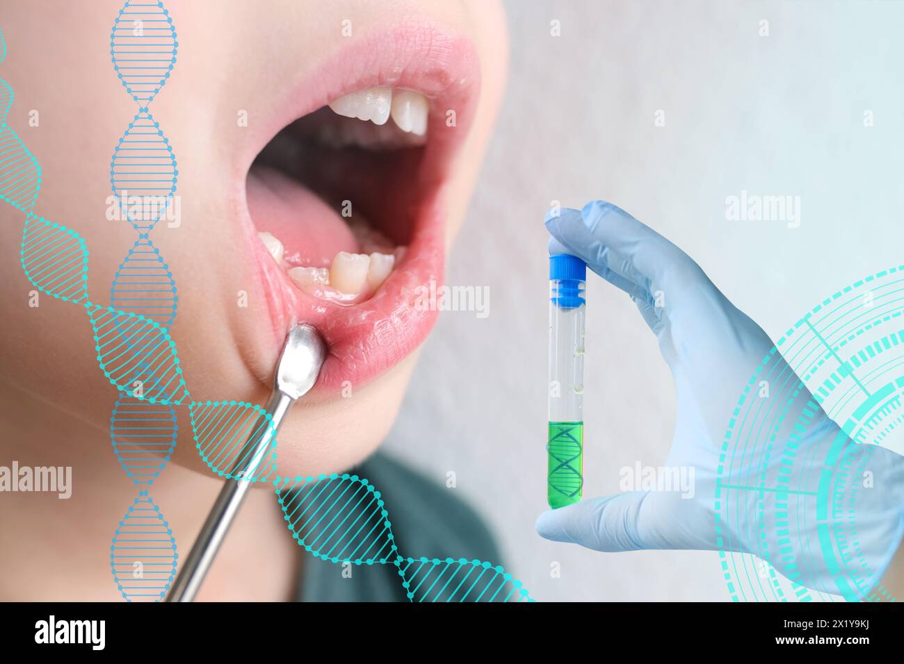 Kind, Kind 7-8 Jahre alt sitzt mit offenem Mund, Zahnuntersuchung durch einen Zahnarzt, Wissenschaftlerhand mit Reagenzglas, Konzept der wissenschaftlichen Forschung, Abschreckung Stockfoto
