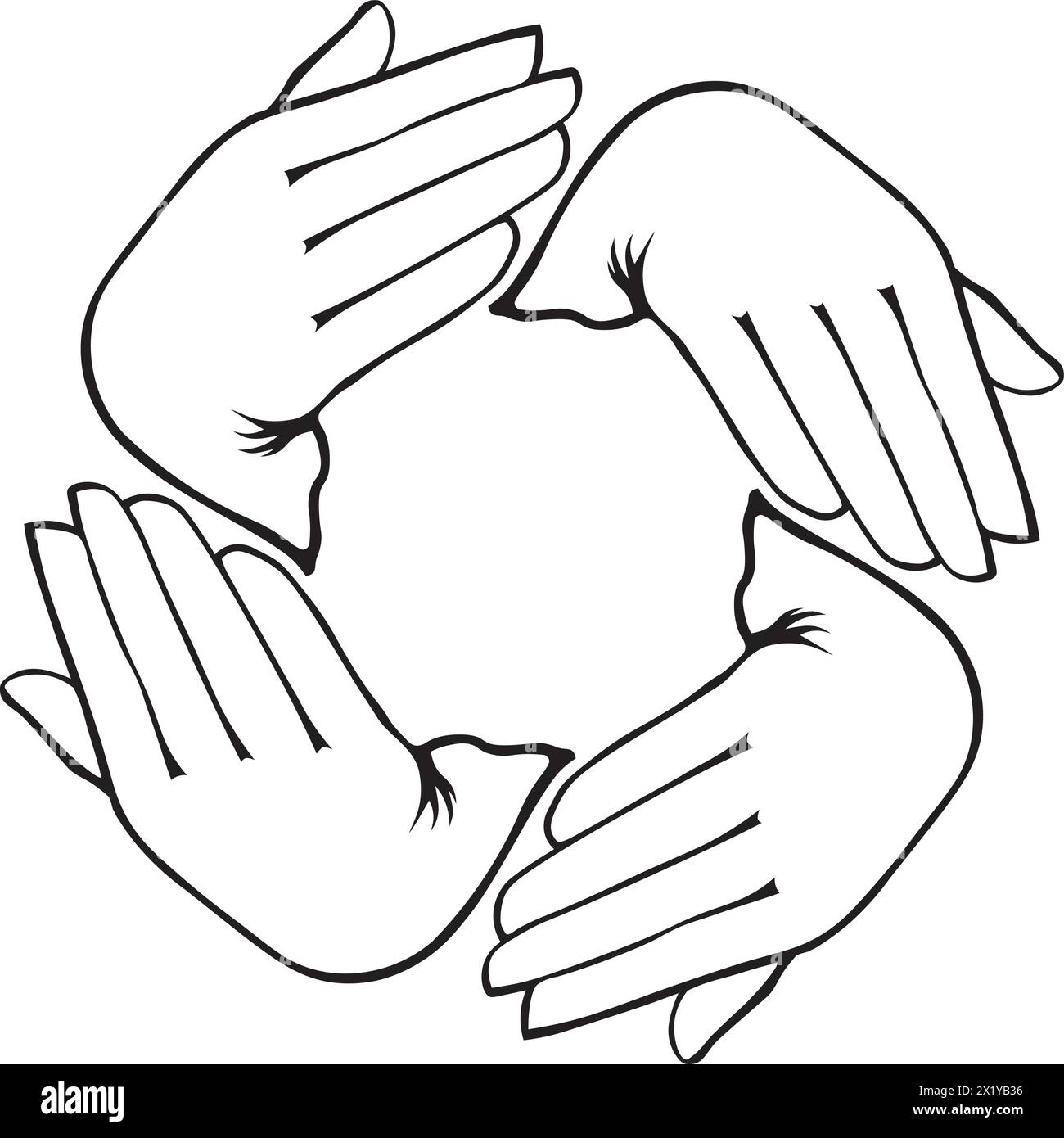Kreisförmig angeordnete Hände deuten auf Bewegung und Interaktion innerhalb einer Gemeinschaft oder zwischen Einzelpersonen hin Stock Vektor