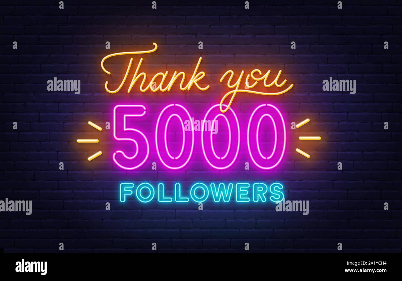 Neon-Nachricht Danke 5000 Follower auf Backsteinwand Hintergrund Stock Vektor