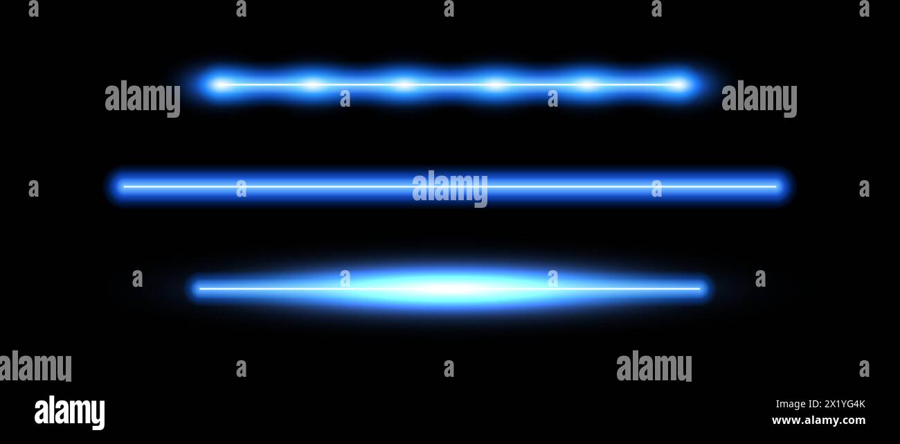 Blaues Leuchtenset für Neonröhren. LED-Lichtstrahl-Sammlung. Helle leuchtende fluoreszierende Stablinien. Glänzende, kalte Farbstreifen-Elementpaket zum Teilen, Trennen und Dekorieren. Vektorabbildung Stock Vektor