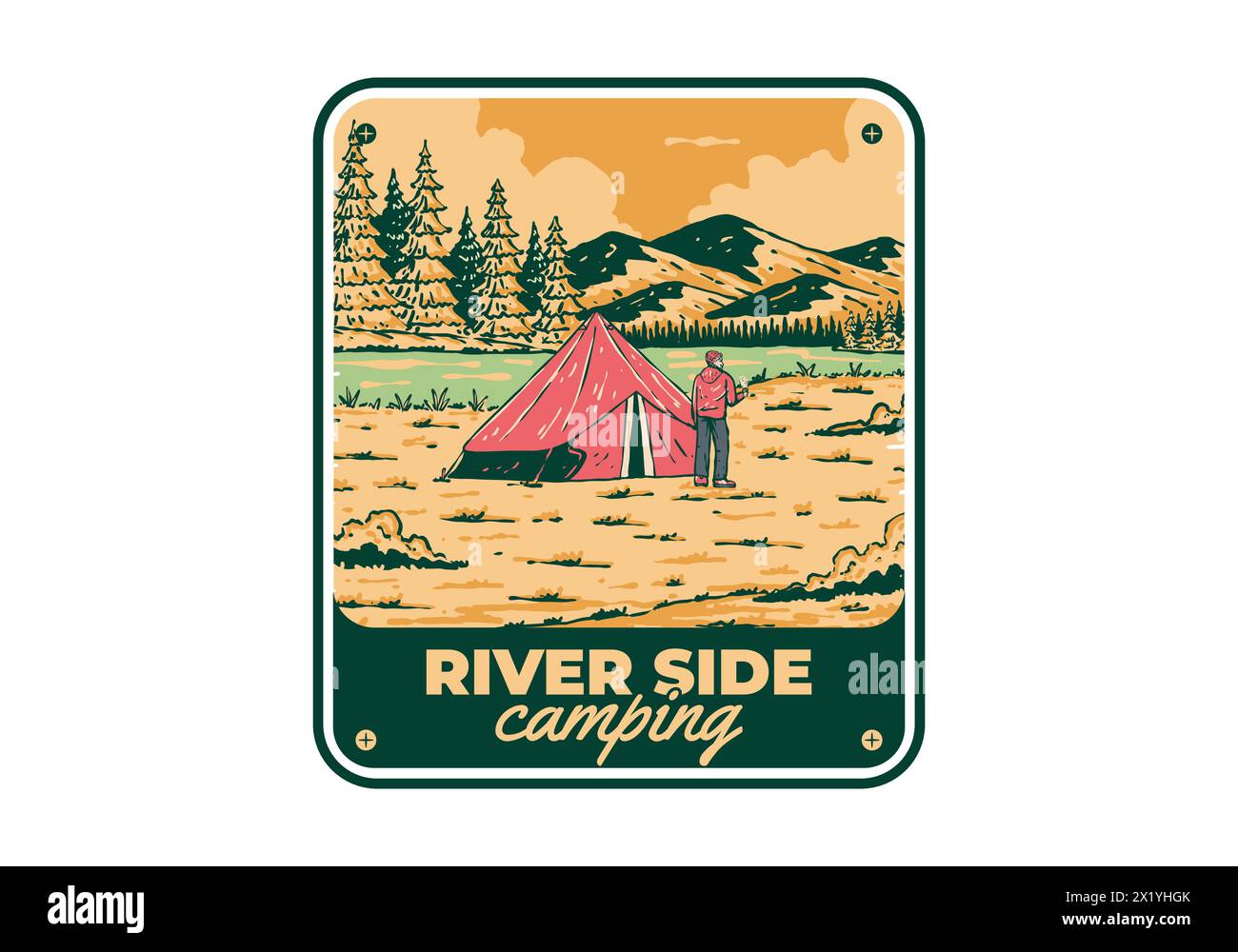 Camping am Fluss. Vintage-Design mit Illustrationen für den Außenbereich Stock Vektor