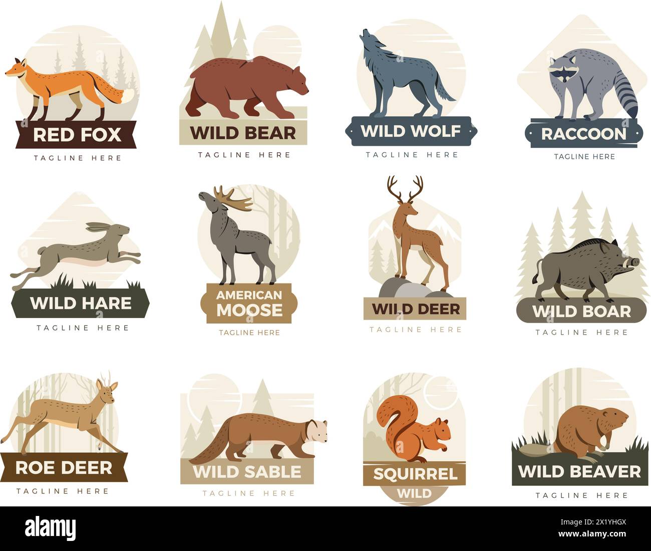 Tieretiketten. Abzeichen mit Illustrationen von verschiedenen Wildtieren aktuelle Vektorvorlagen Stock Vektor
