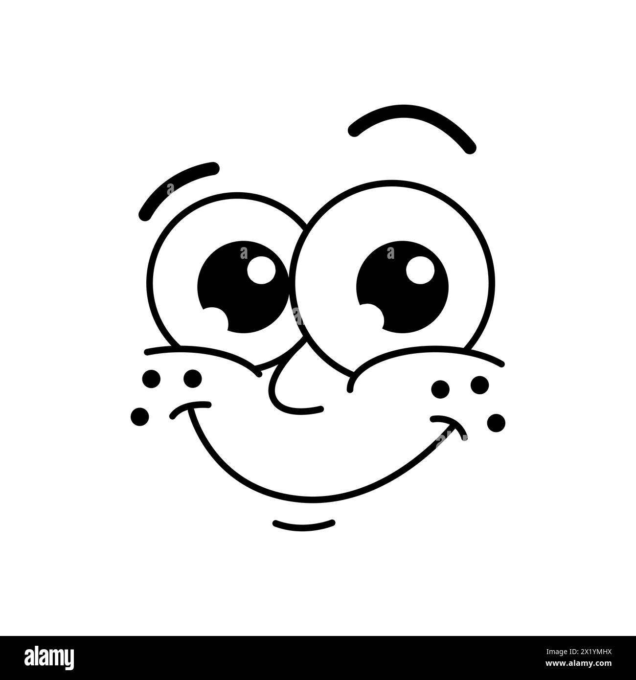 Comic lustige Comic Groovie Gesicht oder große Augen Emoji, Vektor Retro Emoticon Charakter. Grooviges Lächeln mit fröhlichem oder positivem Ausdruck, fröhlicher Braue und Sommersprossen auf den Wangen in Doodle Line Stock Vektor