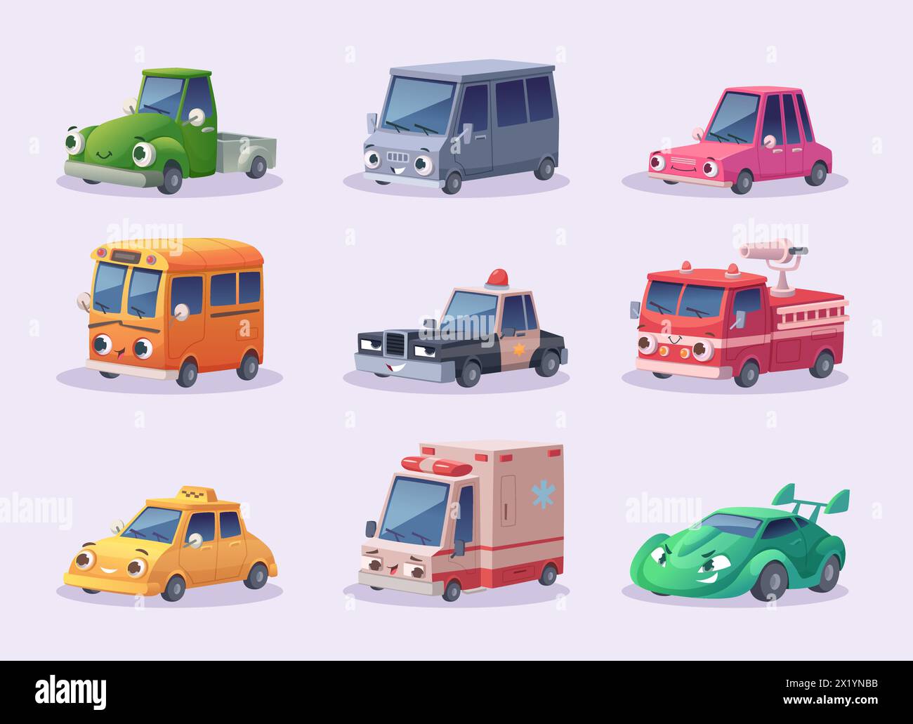 Emotionen im Auto. Niedliche urbane Fahrzeuge mit großen Augen exakte Vektor-Cartoon-Illustrationen Set Stock Vektor