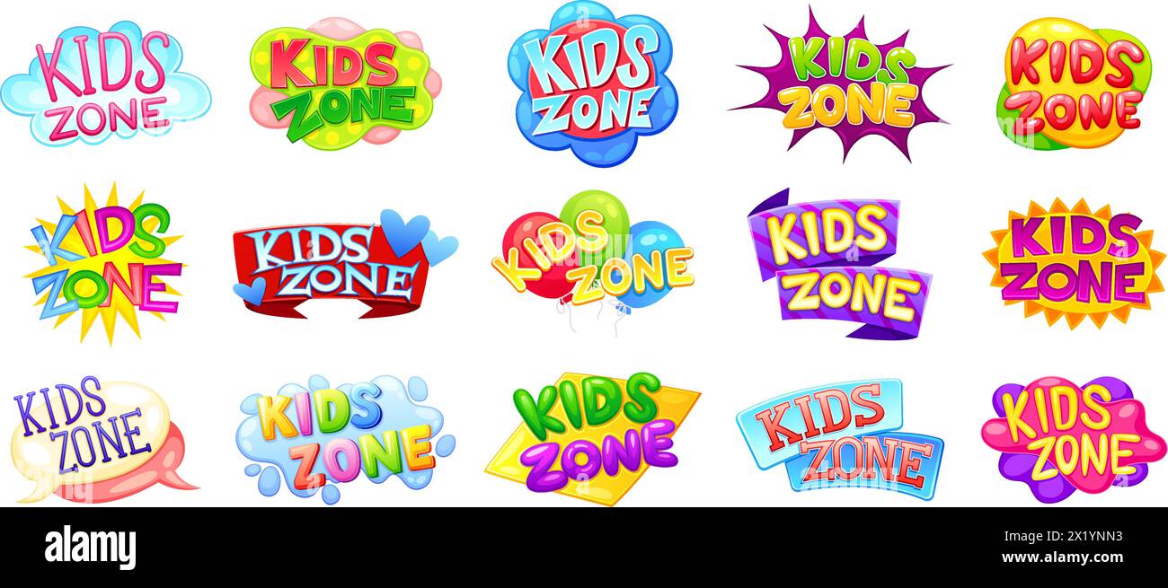 Kinder Zone Abzeichen. Kinderspielzimmer Schild Aufkleber Pack, kindliche lustige Party Farbe Logo Zeichentrickaufkleber Kinder Unterhaltungszonen heller Text Spielplatz, neoterische Vektor Illustration Stock Vektor