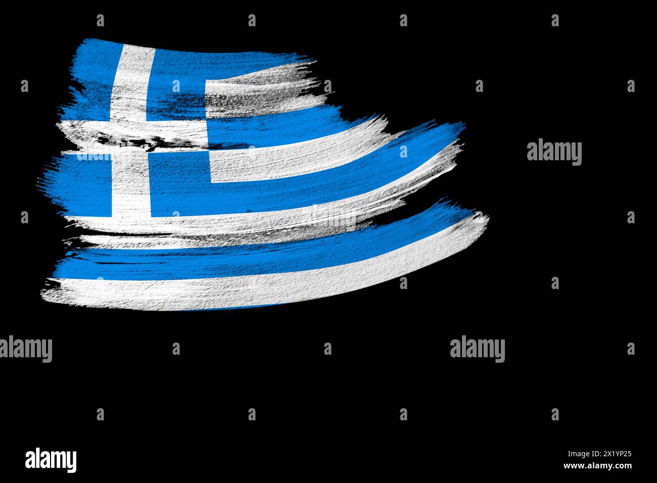 Kreative nationale Grunge-Flagge, Pinselstrich Griechenland-Flagge auf schwarzem isoliertem Hintergrund, Konzept der Politik, globale Wirtschaft, internationale Zusammenarbeit, Stockfoto